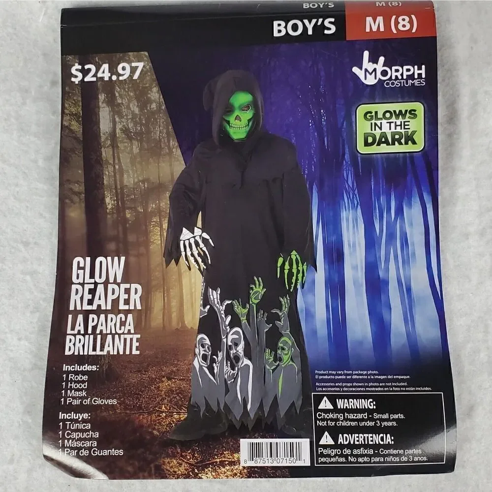 Grim Reaper Costume Size Medium Youth Glow In the Dark Scary Spooky Dress Up